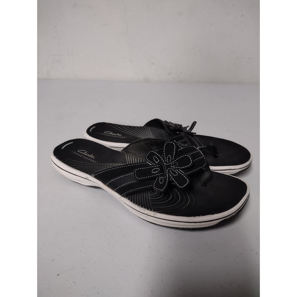 Clarks Cloudsteppers Arla Glitz Black Flower Flip Flop Sandals Womens 9